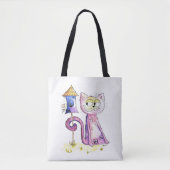 Tote Bag Chat à bascule blanc mignon avec Birdhouse (Devant)