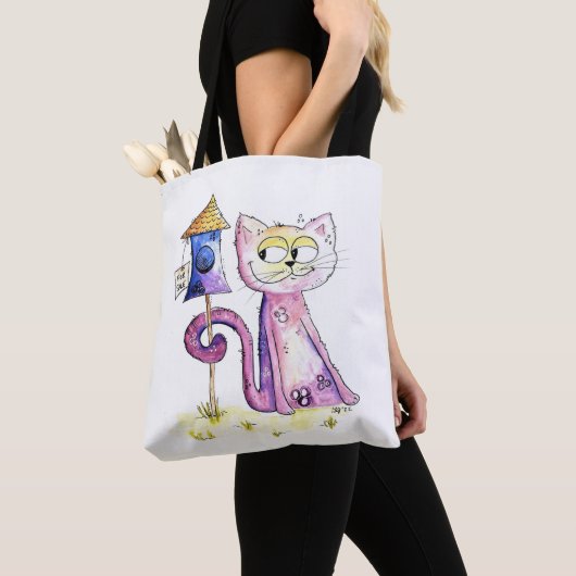 Tote Bag Chat à bascule blanc mignon avec Birdhouse (De près)