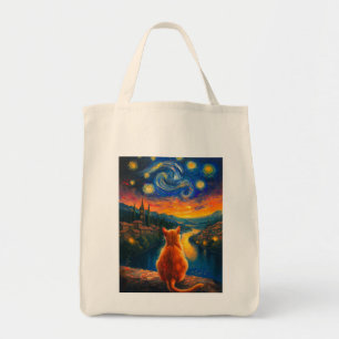 Tote Bag Chat à gingembre contemplatif Starry Night Sky A