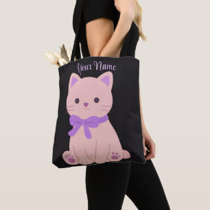 Tote Bag Chat Assis Arc Violet Mignon Kawaii Personnalisé N
