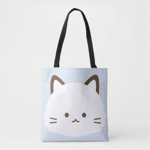 Tote Bag Chat au visage mignon sur fond bleu pastel