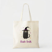 Tote Bag Chat avec casquette sorcier et nom mignon Hallowee (Devant)