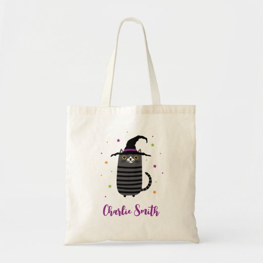 Tote Bag Chat avec casquette sorcier et nom mignon Hallowee (Devant)