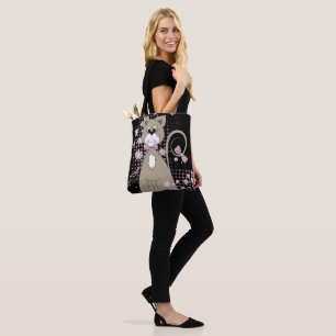Tote Bag chat avec cravate arc sur noir