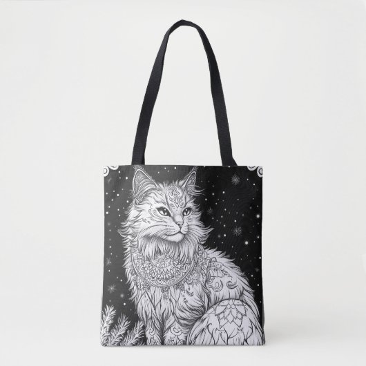 Tote Bag Chat avec Mandala sous ciel étoilé magique (Devant)