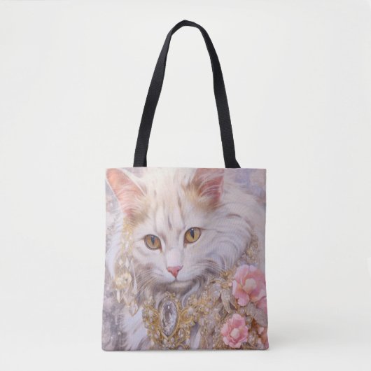 Tote Bag Chat blanc élégant en or et diamants (Devant)