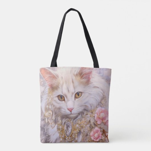 Tote Bag Chat blanc élégant en or et diamants (Dos)