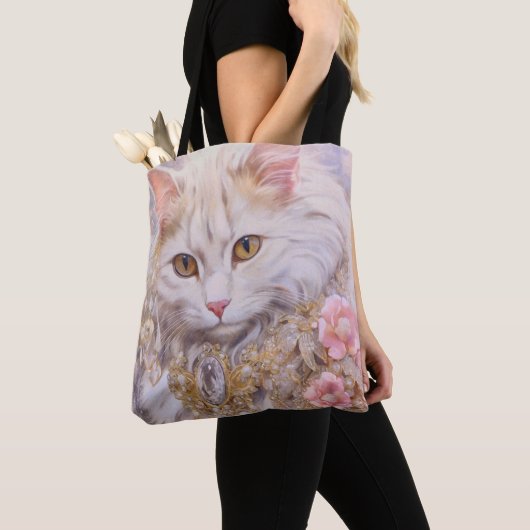 Tote Bag Chat blanc élégant en or et diamants (De près)