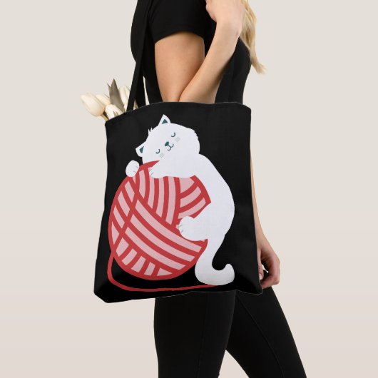 Tote Bag Chat blanc mignon avec boule de fil (De près)