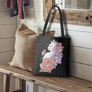Tote Bag Chat Blanc Pastel Floral Botanique Romantique Noir