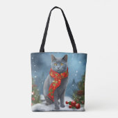 Tote Bag Chat bleu russe à Noël de neige (Dos)