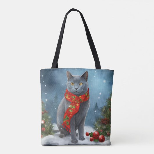 Tote Bag Chat bleu russe à Noël de neige (Dos)