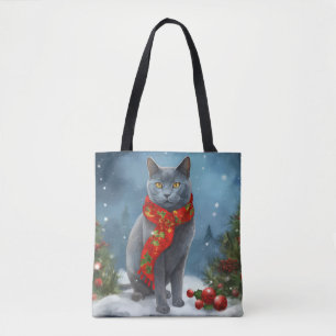 Tote Bag Chat Bleu Russe à Noël sous la neige