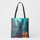 Tote Bag Chat bleu russe d'Halloween avec la peur Citrouill (Devant)