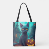 Tote Bag Chat bleu russe d'Halloween avec la peur Citrouill (Dos)
