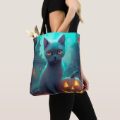 Tote Bag Chat bleu russe d'Halloween avec la peur Citrouill (De près)