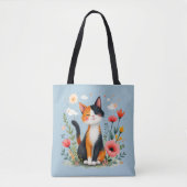 Tote Bag Chat Calico souriant dans le jardin fleuri (Devant)