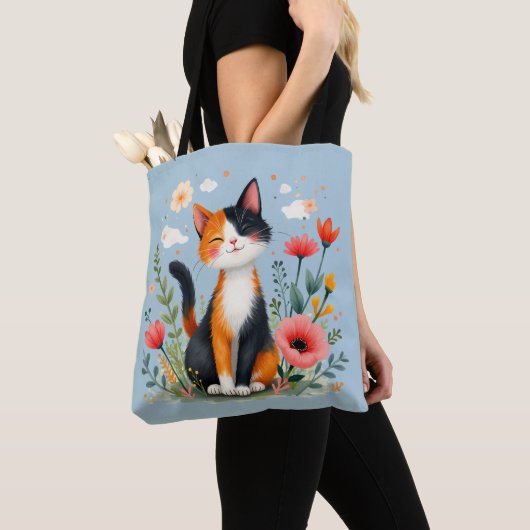 Tote Bag Chat Calico souriant dans le jardin fleuri (De près)