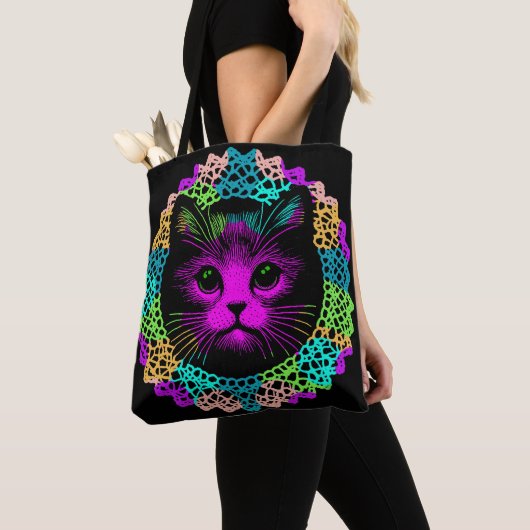 Tote Bag Chat charmant à motif dentelle (De près)