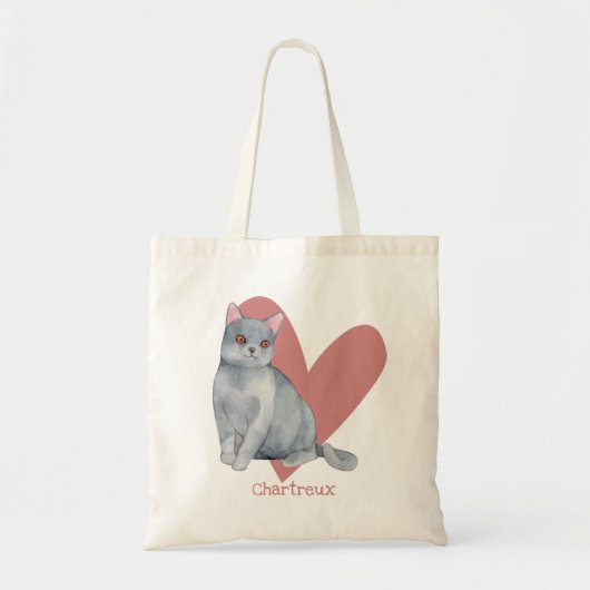 Tote Bag Chat Chartreux Aquarelle Kitty Coeur rose (Devant)