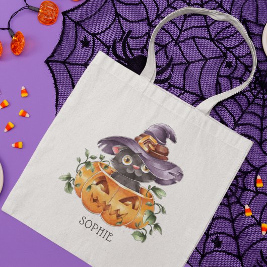 Tote Bag Chat Citrouille d'Halloween à l'aquarelle