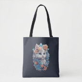 Tote Bag Chat Cute Blanc Floral Kitty (Devant)