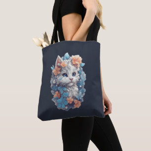 Tote Bag Chat Cute Blanc Floral Kitty