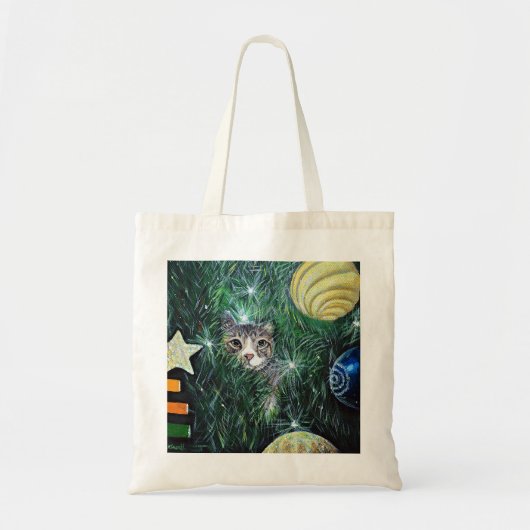 Tote Bag Chat dans la peinture de l'arbre de Noël (Devant)
