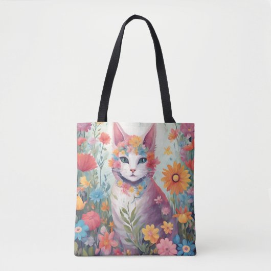 Tote Bag Chat dans le jardin des fleurs (Devant)