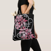 Tote Bag Chat de bonne chance japonais avec fleurs Sakura r (De près)