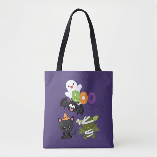 Tote Bag Chat de Cute Halloween, bat, mummy et ghost (Devant)
