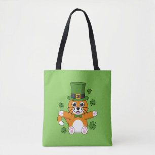 Tote Bag Chat de la Saint Patrick avec dessin Shamrock