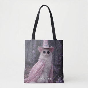 Tote Bag Chat de magicien magique en cape et chapeau rose s
