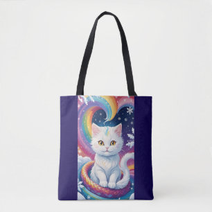 Tote Bag Chat de Noël à la neige blanche