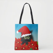 Tote Bag Chat de Noël à Santa Hat Amid Poinsettia (Devant)