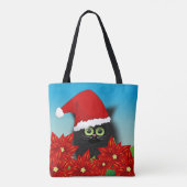 Tote Bag Chat de Noël à Santa Hat Amid Poinsettia (Dos)