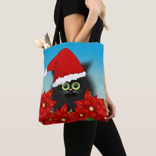 Tote Bag Chat de Noël à Santa Hat Amid Poinsettia (De près)