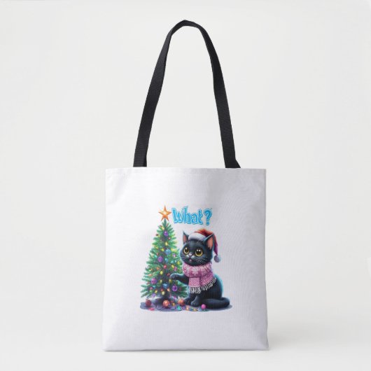 Tote Bag Chat de Noël amusant Avec Sticker Arbre (Devant)