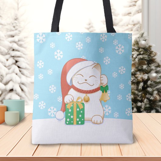 Tote Bag Chat de Noël blanc dans un Casquette rouge