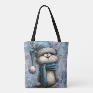 Tote Bag Chat de Noël bleu d'hiver avec chapeau et écharpe
