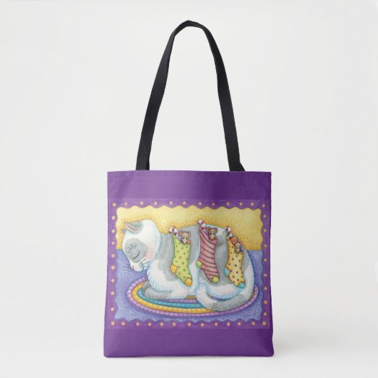 Tote Bag Chat de Noël mignon dormant avec des souris dans l (Devant)