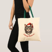 Tote Bag Chat de Noël mignon personnalisé avec chapeau de P (Devant (produit))