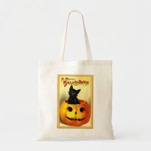 Tote Bag Chat d'Halloween assis dans une citrouille lumineu