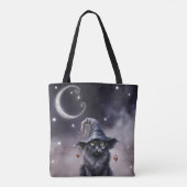 Tote Bag Chat d'Halloween noir portant un Casquette de sorc (Dos)