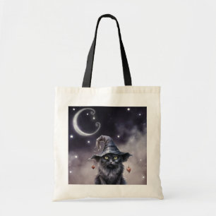 Tote Bag Chat d'Halloween noir portant un Casquette de sorc