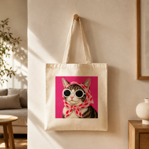 Tote Bag Chat drôle avec des lunettes de soleil et un foula