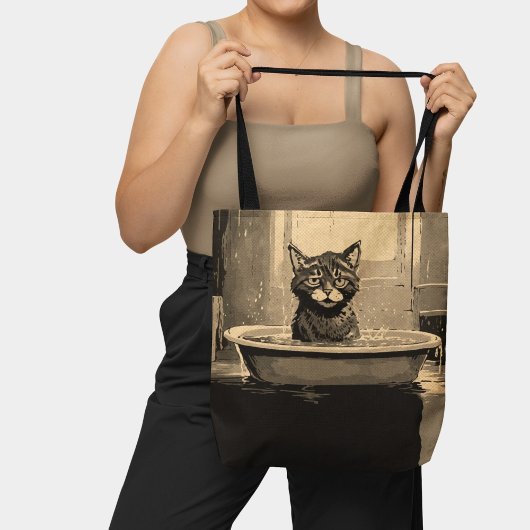 Tote Bag Chat drôle en colère dans la baignoire Noir Brown