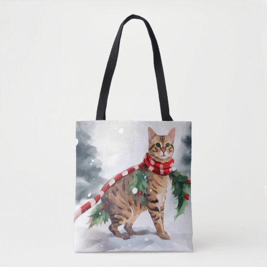 Tote Bag Chat du Bengale à Noël de neige (Devant)