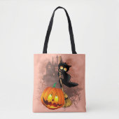 Tote Bag Chat effrayé par Citrouille Fun Halloween caractèr (Devant)