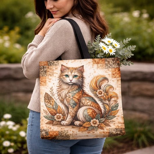 Tote Bag Chat Esprit, Art folklorique rustique patchwork bo